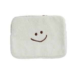 Custodia per laptop in peluche bianco con faccia sorridente ricamata per tablet