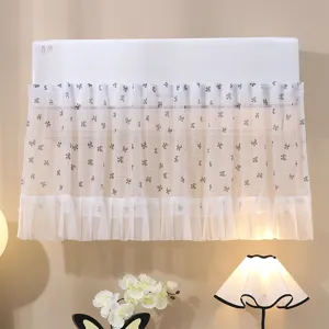 Elegant white lace air conditioner cover with butterfly patterns and decorative ruffle detail