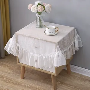 Vintage French white lace tablecloth with elegant ruffle edge for bedside nightstand