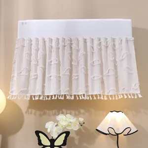 Macro detail of French style white lace curtain with delicate tassel fringe decor