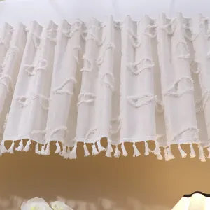 Macro view of textured fabric and elegant fringe details on a French lace curtain valance