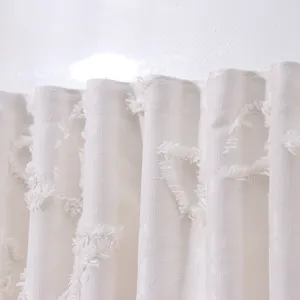 Close-up of white heart patterned lace sheer curtain texture and tufted details