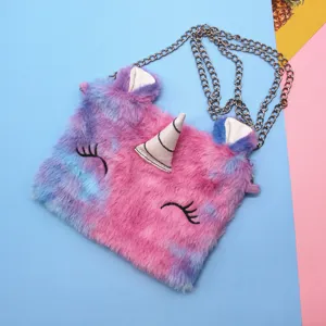 Cute plush unicorn crossbody bag for girls with soft pink and blue faux fur detail