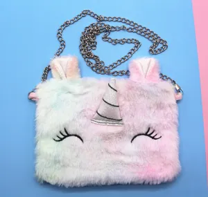 Detail of cute rainbow plush unicorn crossbody bag for girls with silver horn and chain