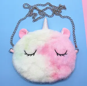 Close-up view of the cute plush unicorn crossbody bag with a metal chain strap