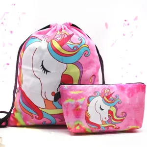 Set di Sacca a Coulisse e Beauty Case con Stampa di Unicorno in Poliestere Organizzatore Stampa Digitale 3D per Viaggi Donna