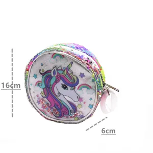 Detailed size guide for the round sequin unicorn crossbody bag