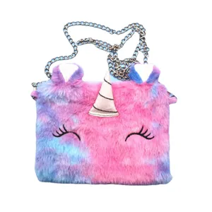 Cute unicorn plush crossbody bag for girls with pink blue tie-dye and chain strap.