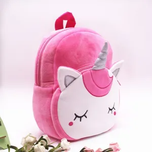 Adorable pink plush unicorn backpack for kids with soft cartoon character school bag design
