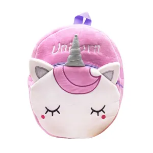 Cute pink unicorn plush backpack for kids featuring soft faux fur and embroidered details