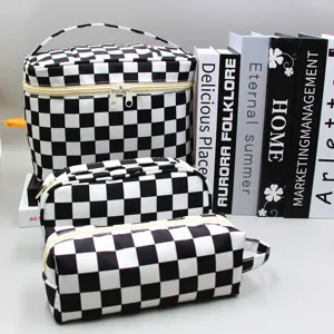 Polyester Schaakbord Koeprint Grote Capaciteit Penetui Cosmeticatas Set Ritssluiting Handheld Make-Up Organisator Pouch Opbergtassen Voor Studenten Reizen