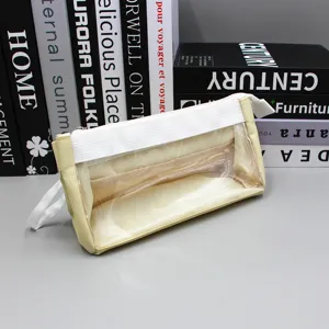 Detailed view of large capacity transparent cream canvas pencil case with white zipper closure