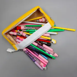 Detailed view of yellow large capacity transparent pencil case filled with colorful pens