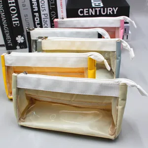 Large Capacity Clear Pencil Case Japanese Style Oxford Cloth PVC Cosmetic Stationery Storage Pouch Bag With Handle For Students School Office