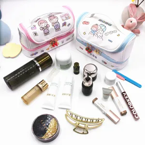 Beauty case a doppio strato con cartoni animati e grande capacità per cosmetici