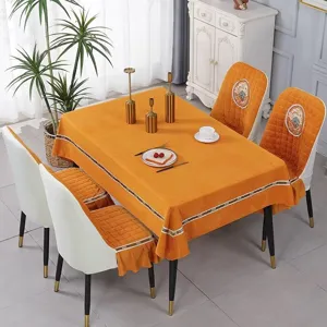 Ginger yellow curved dining chair covers and matching tablecloth set for home decoration