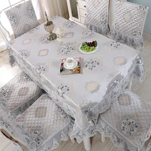 Elegant jacquard tablecloth and chair cover set with lace trim for dining room decoration
