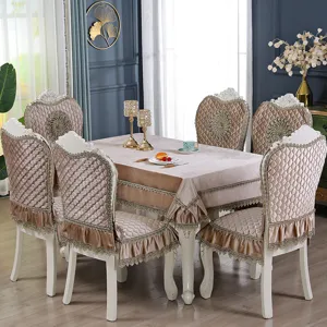 Luxurious European style champagne quilted velvet dining chair cover and tablecloth set