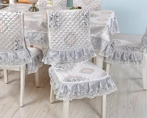 Elegant silver quilted dining table cloth and lace chair cover set for home decor