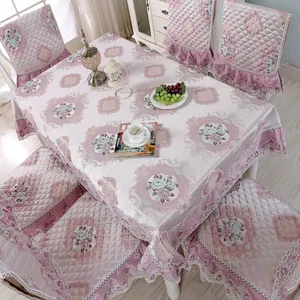 Elegant floral dining table cloth and chair cover set with delicate lace ruffles