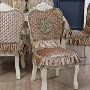 Elegant European-style velvet quilted chair cover with lace trim and gold embroidery