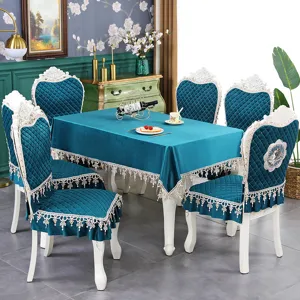 Ensemble nappe et housse de chaise européen en velours bleu canard avec de la dentelle