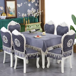 Ensemble de luxe housse de chaise et nappe en velours gris style européen avec dentelle