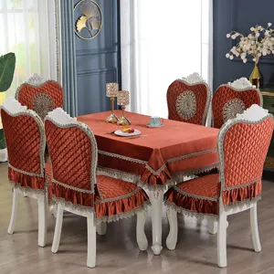 European style brick red velvet dining chair covers and tablecloth set with lace trim details