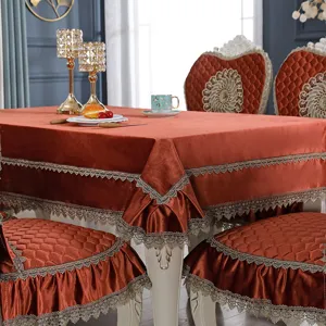 Luxurious European style velvet tablecloth and chair cover set with elegant lace detailing.