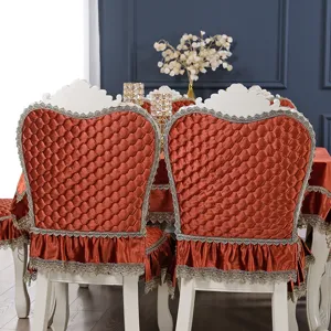 Luxurious European style terracotta quilted chair cover with elegant lace trim for dining chairs