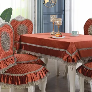 Elegant burnt orange European style velvet dining chair cover and tablecloth set with lace.