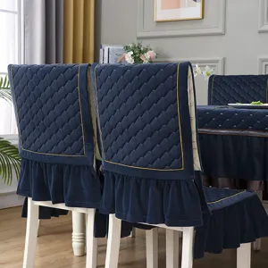 Coprisedia in velluto blu navy ispessito con volant e trama trapuntata per sala da pranzo