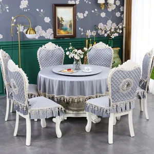 Housse de Chaise et Nappe en Velours Style Européen Ensemble Bordure en Dentelle Antidérapant Décoration de Table de Salle à Manger