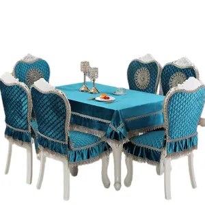 Elegant peacock blue European style dining table and quilted chair cover set with lace trim