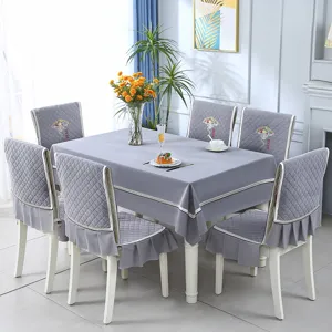 Elegant gray dining table cloth and matching chair cover set with embroidery detail