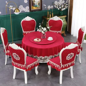 Ensemble nappe et housses de chaise rouges de style européen avec bordure en dentelle blanche