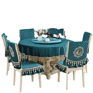 Set tovaglia rotonda ottanio con coprisedie coordinati ricamati con motivo di cigno