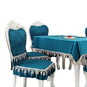 Housse de chaise et nappe assortie en velours bleu sarcelle de style européen avec dentelle