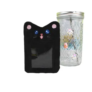 Cute black plush cat photocard holder with transparent window for idol photo cards