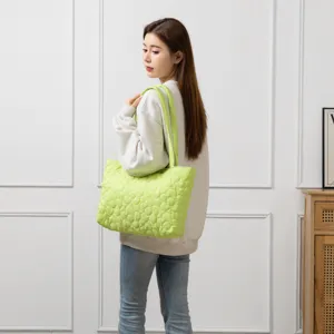 Large capacity quilted flower tote shoulder bag for women, stylish candy color casual handbag.