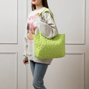 Quilted floral tote bag for women, large capacity shoulder handbag in bright green color.