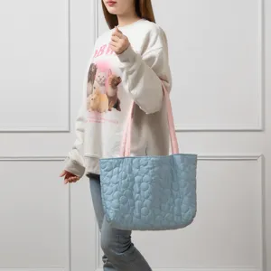 Casual autumn winter large capacity quilted floral tote bag candy color shoulder handbag for women
