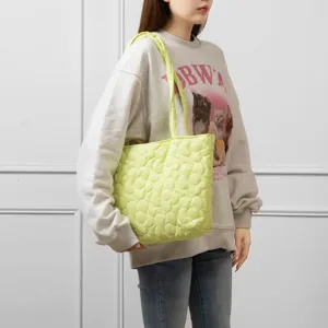Quilted floral tote bag in candy color, large capacity shoulder shopping bag for women.