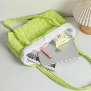 Light green quilted floral tote bag with large capacity, perfect for daily casual shoulder use.
