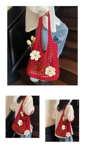 Bolso tote de malla de ganchillo rojo con margaritas blancas
