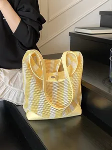 Bolso Tote Rayado Calado para Mujer Gran Capacidad Bolso de Mano de Malla Bolso de Hombro Casual de Vacaciones Playa Diseño de Nicho