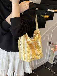 Elegante bolso tote calado a rayas amarillas para mujer grande estilo vacaciones playa