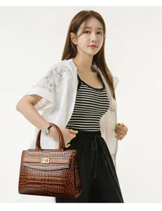 Elegant brown handbag featuring a crocodile texture and gold lock held by an Asian model