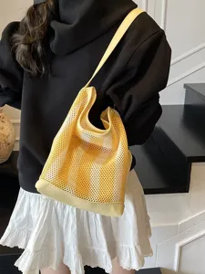 Bolso tote de malla calado a rayas amarillas y blancas para mujer, estilo playa de verano