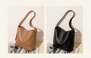 Minimalist large capacity bucket shoulder bags displayed in tan and black colors